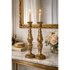 Vintage Gold Baroque Candlesticks Pair 15" Hollywood Regency Decor